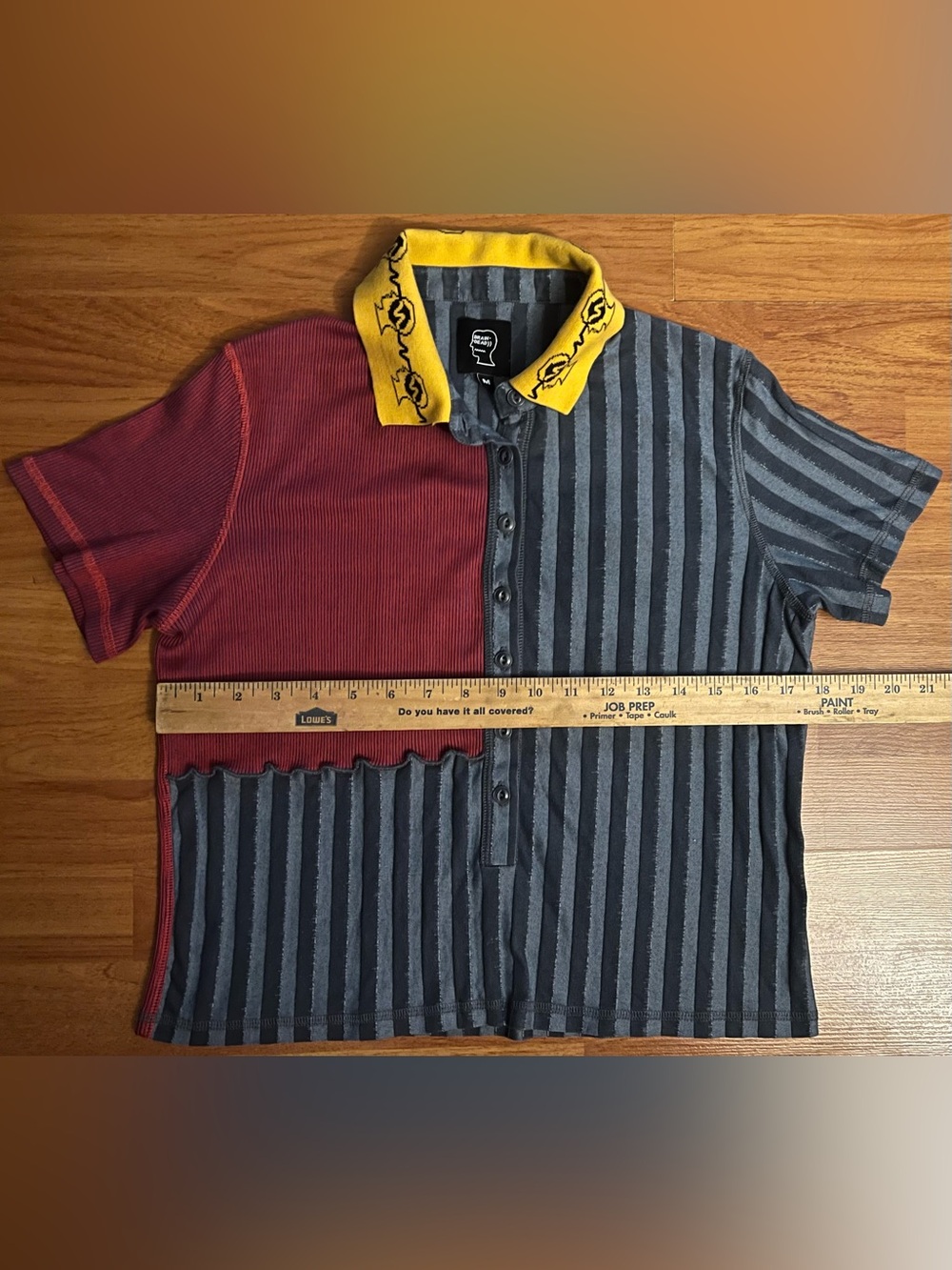 Brain Dead Two-Tone Striped Short Sleeve Polo in Red, Gray & Yellow Collar - Picture 4 of 5